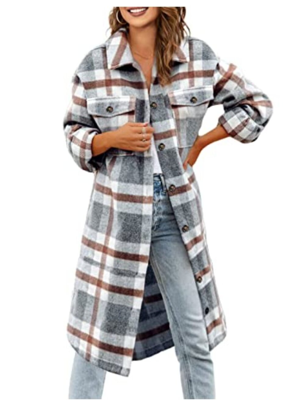 Flannel Plaid Button Down Shacket Long Sleeve Midi Oversized Winter Coat